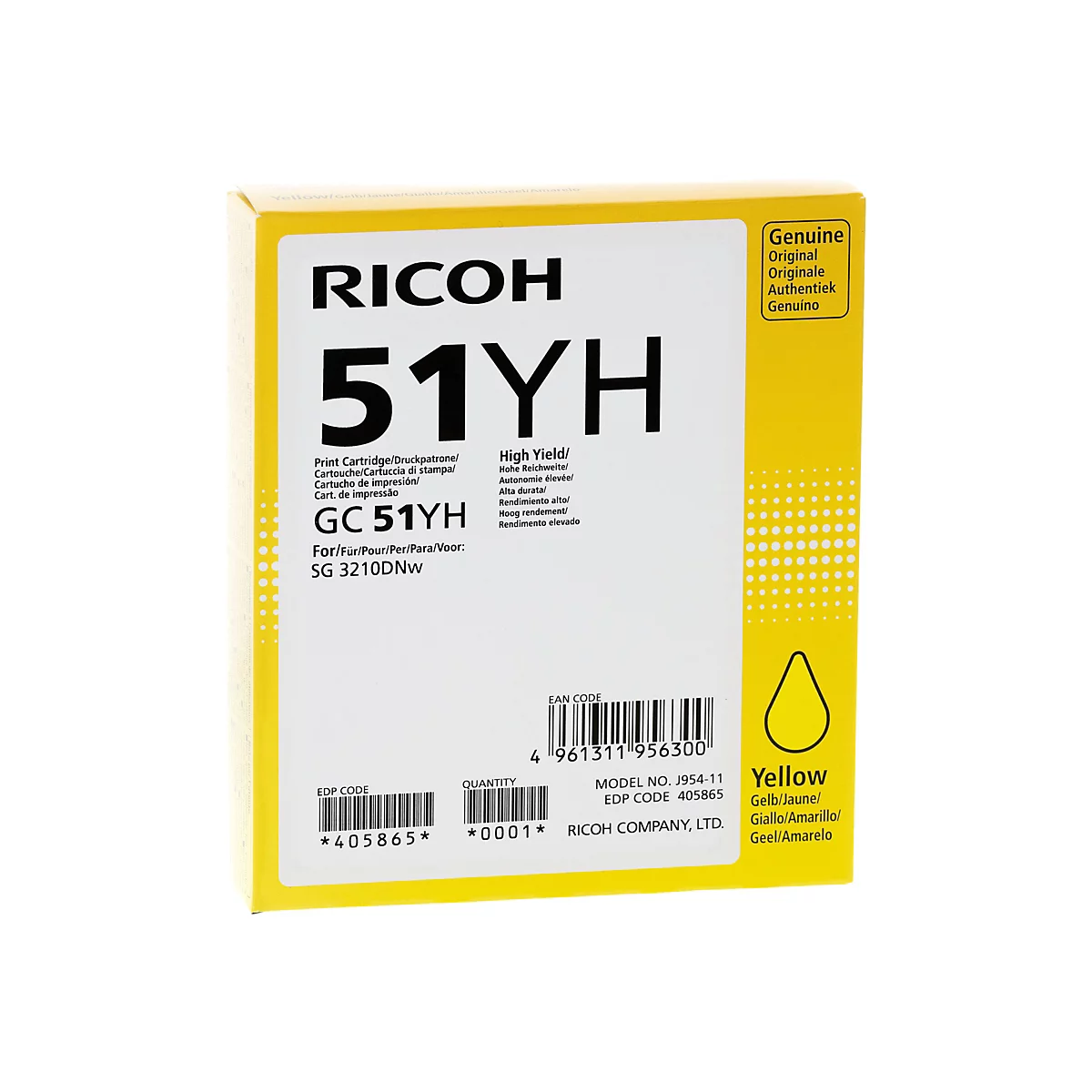 Gelbe Ricoh 51YH Druckpatronen-Verpackung mit Typbezeichnung und Barcodes auf weißem Hintergrund.