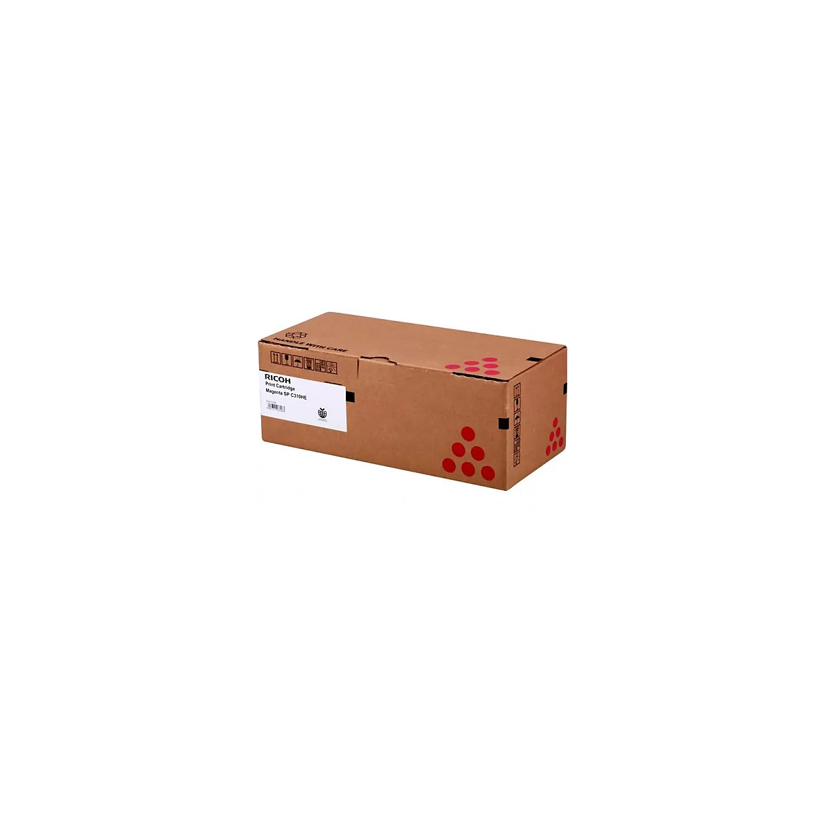 Brauner Karton mit roter Punkte-Grafik, Aufschrift 'RICOH Print Cartridge'.