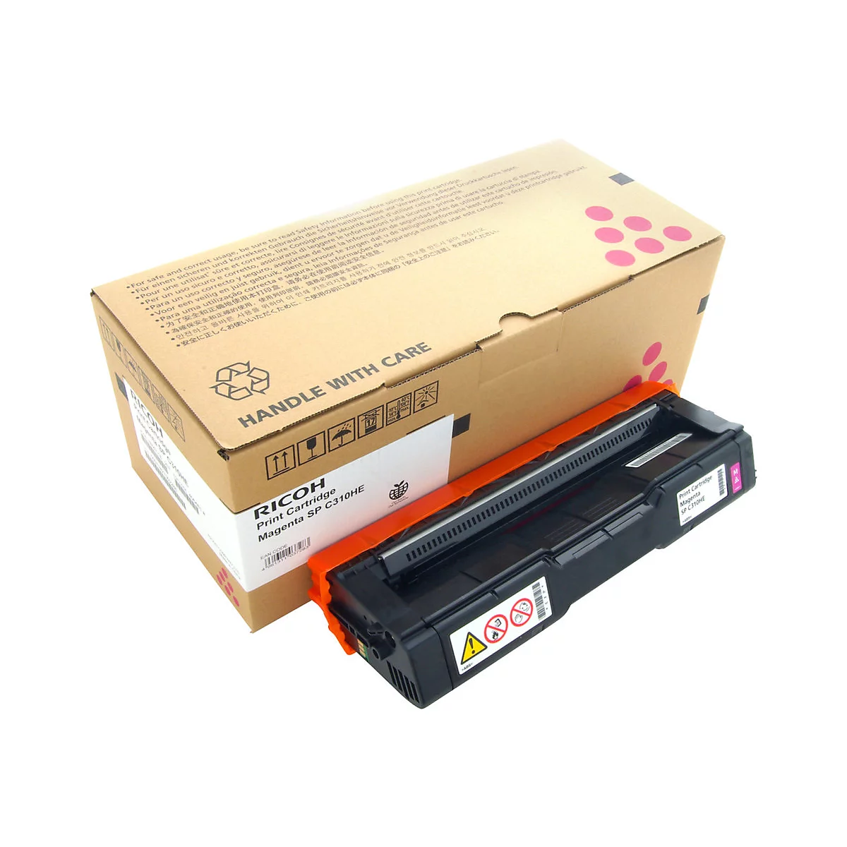 Schwarze Tintenpatrone neben einer Kartonverpackung mit Aufschrift. Orangefarbene Elemente heben das Produkt hervor.