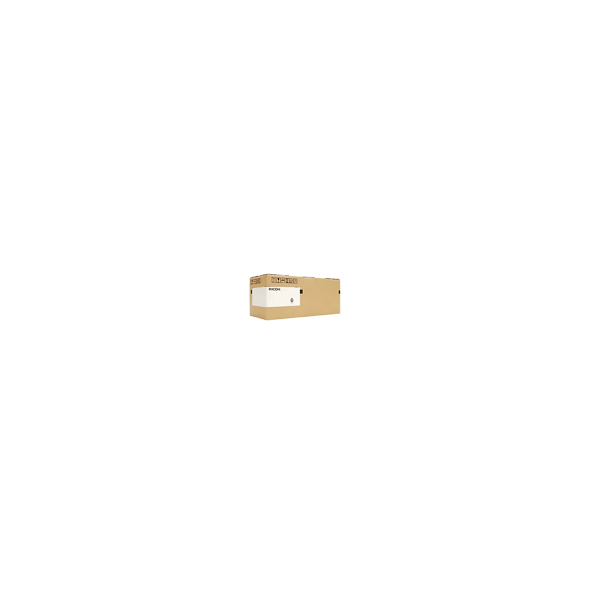 Ein Karton mit Ricoh-Logo. Darauf befinden sich Symbole für fragiles Material.