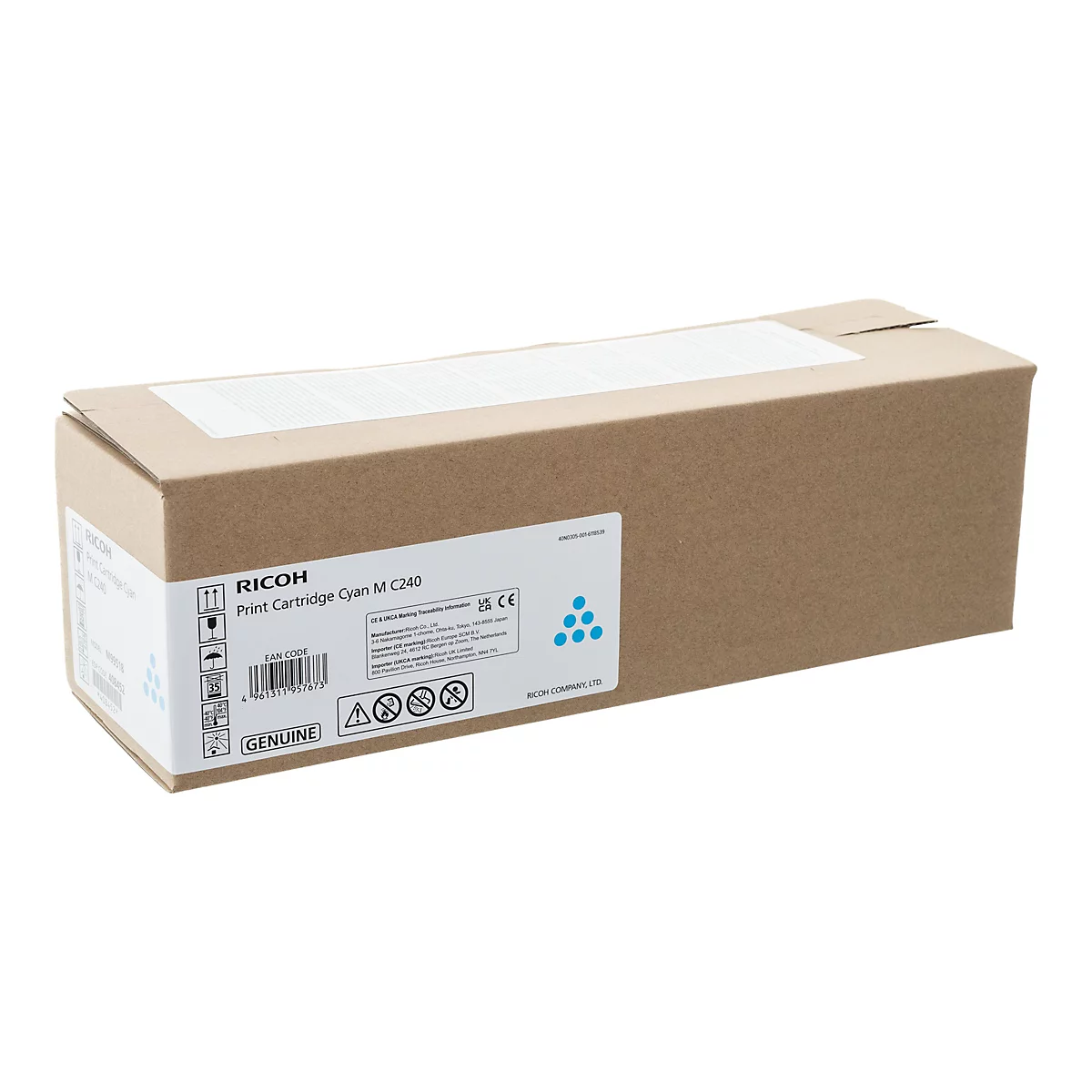 Brauner Pappkarton für Ricoh Print Cartridge Cyan M C240 mit Etikett und Produktinformationen.