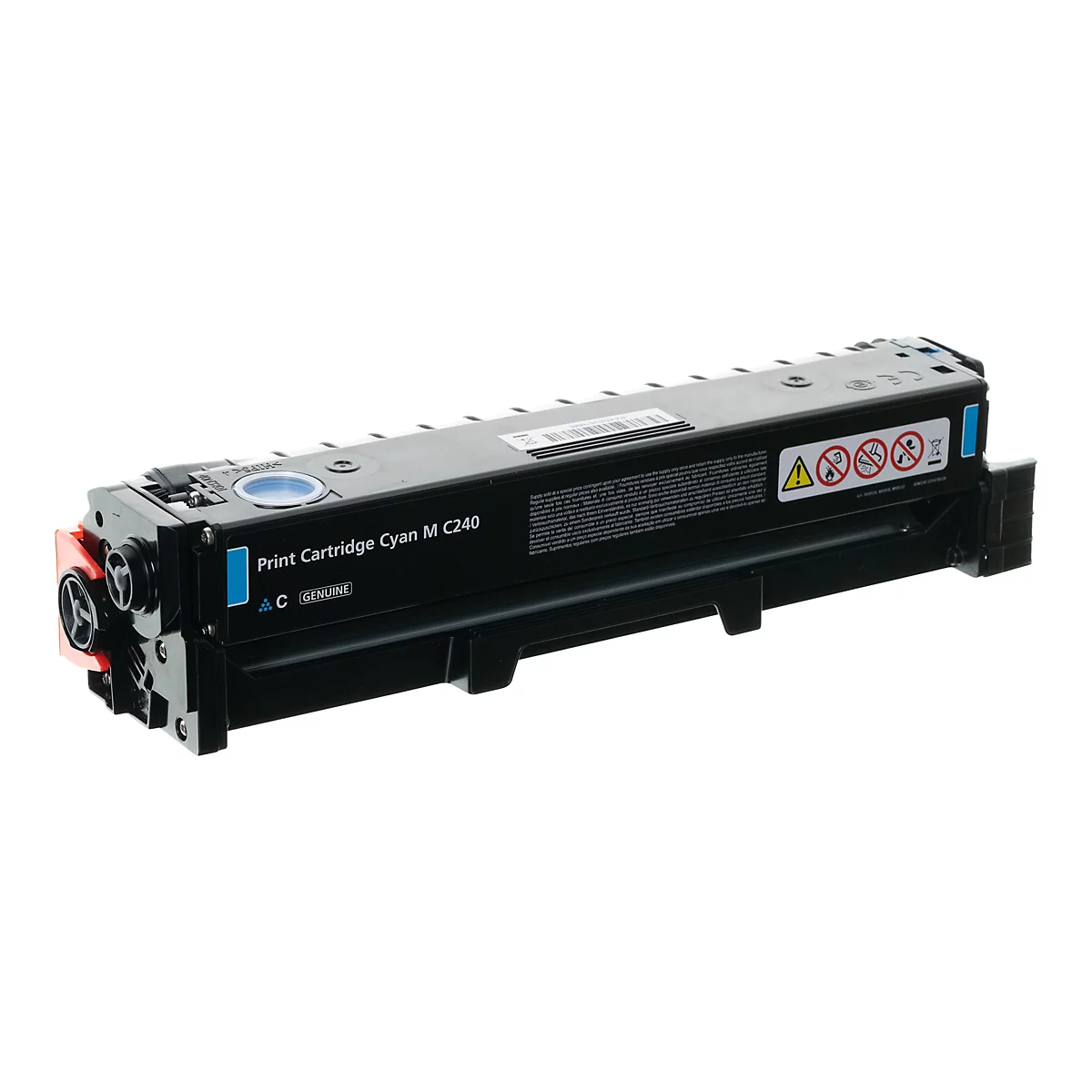 Schwarze Tonerkartusche für Cyan, beschriftet mit Print Cartridge Cyan M C240, auf weißem Hintergrund.