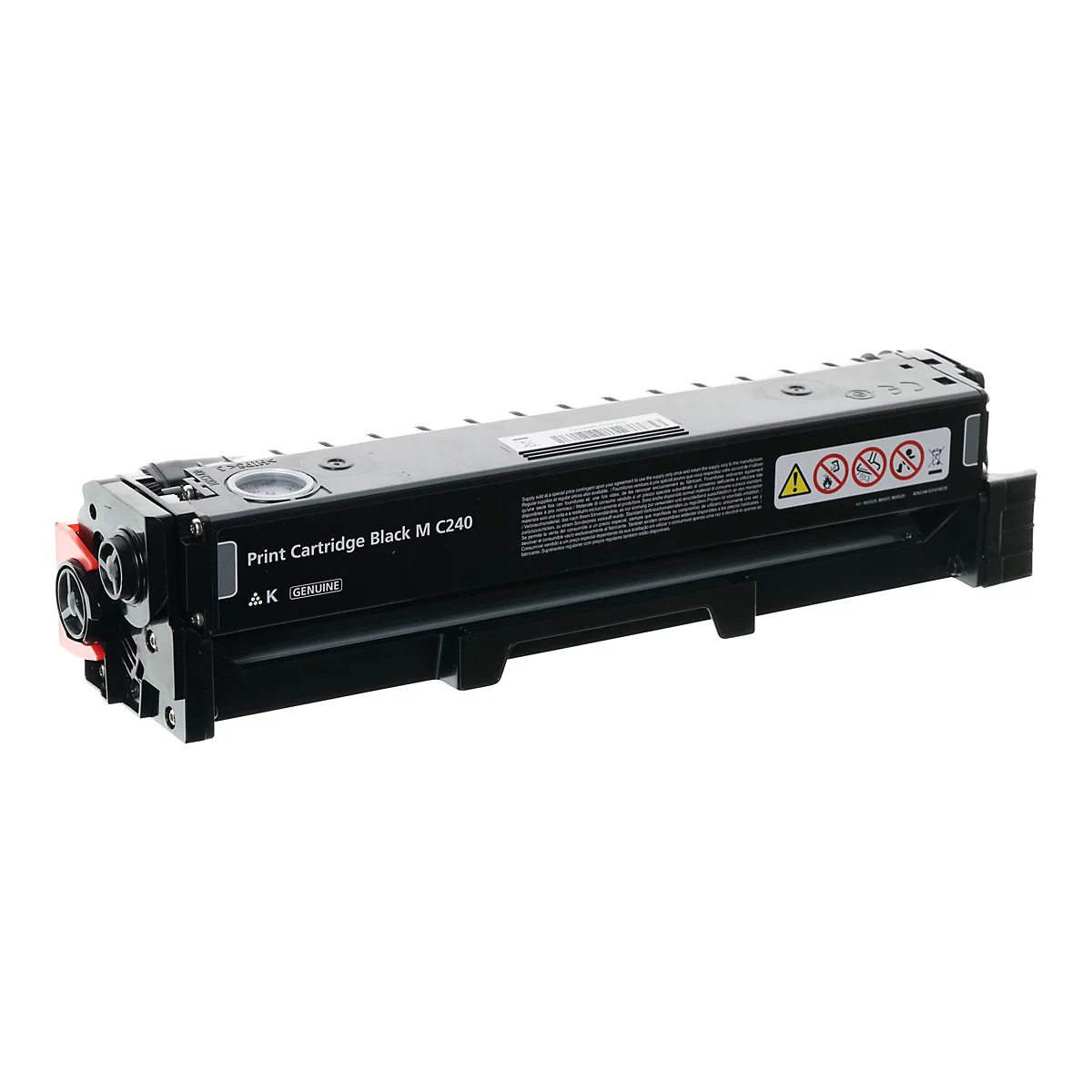 Schwarze Druckpatrone mit Aufdruck "Print Cartridge Black M C240" vor weißem Hintergrund. Achtungshinweise.
