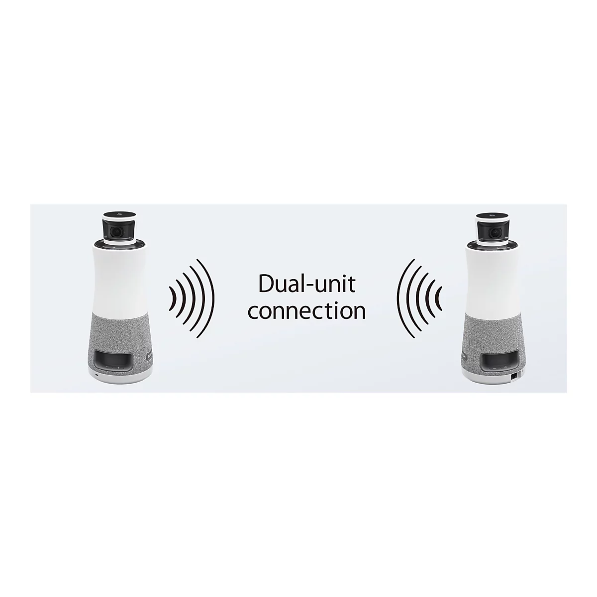 Deux appareils blancs avec module caméra noir en haut, tissu gris en dessous et panneau d'entrée en bas ; connexion symbolisée par des lignes ondulées ; texte : Dual-unit connection.