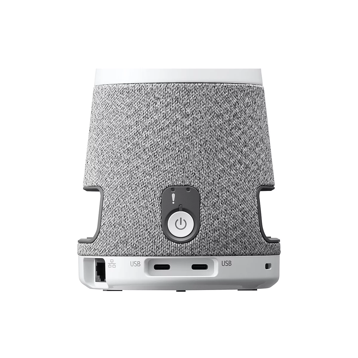 Enceinte sans fil, à motif gris et blanc, avec connecteurs et panneau de commande.