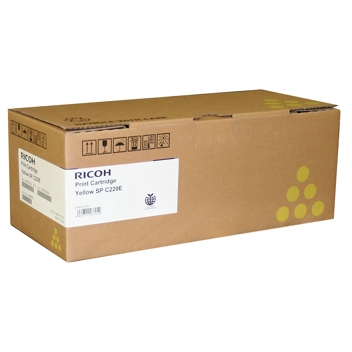 Brauner Karton einer RICOH-Druckerpatrone, gelb, SP C220E, mit Label und Symbolen.