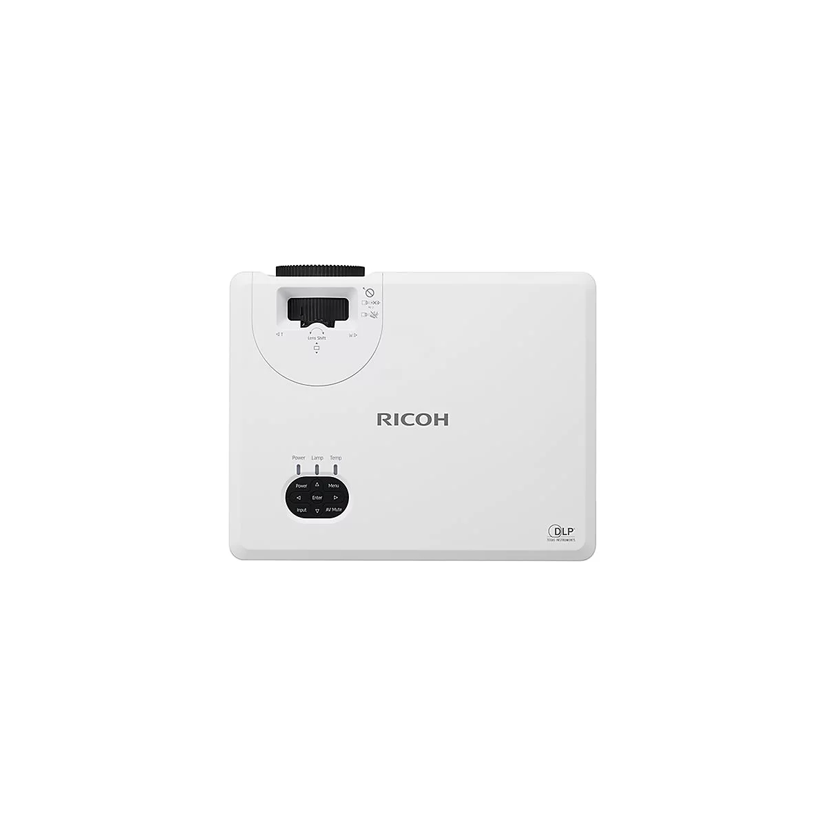 Weißer Ricoh-Projektor, oben Linse, darunter Bedienelemente. Aufschrift: Ricoh, DLP.