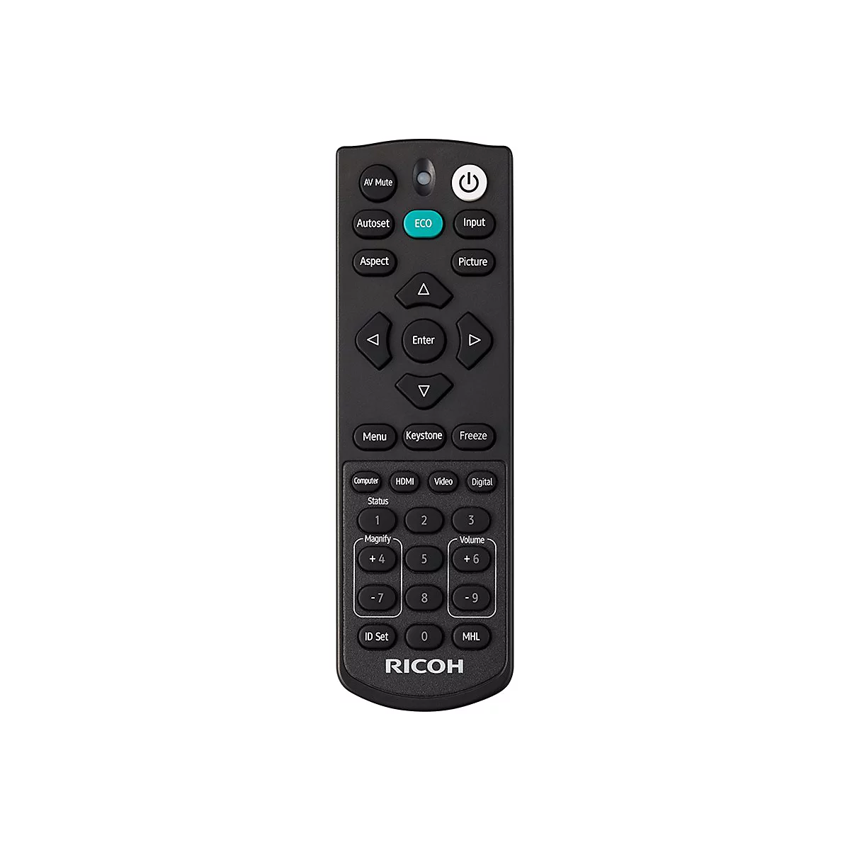 Eine schwarze Fernbedienung mit zahlreichen Knöpfen und Texten wie "AV Mute", "Autoset", "Input" und "RICOH".