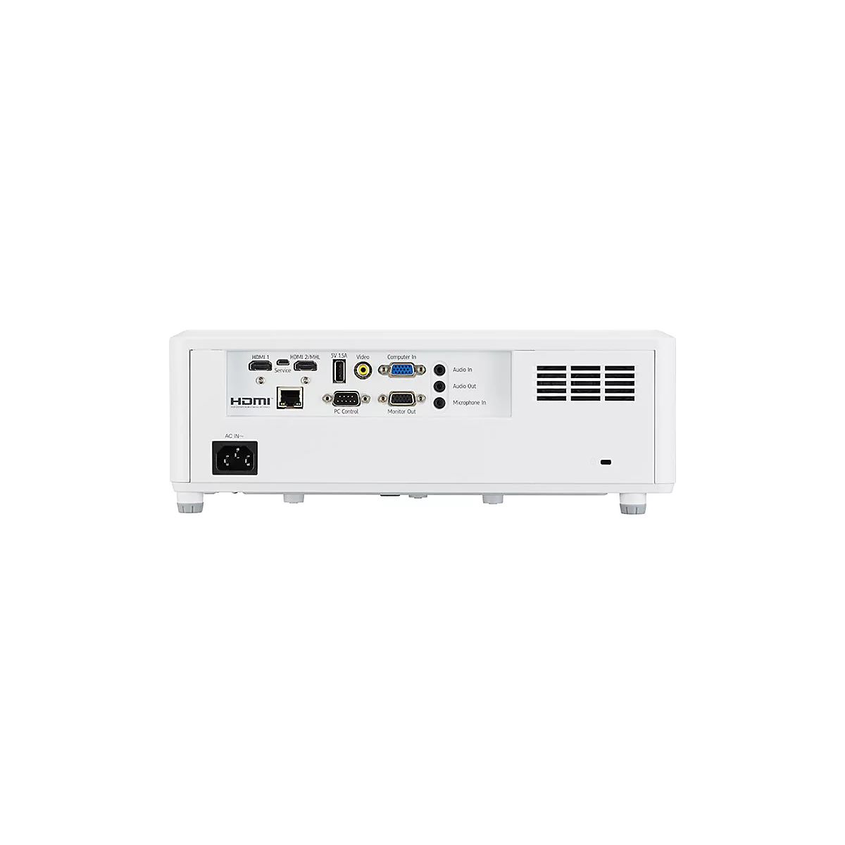 Rückseite eines weißen Projektors mit Anschlüssen für HDMI, Audio, Video und Stromanschluss.