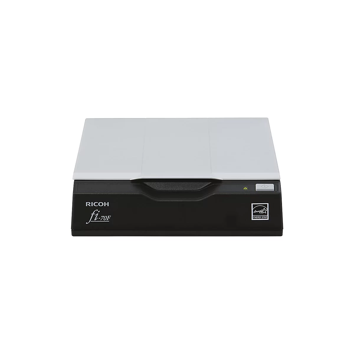 Un scanner à plat gris Ricoh, modèle fi-70F, avec un dessus blanc et un corps noir.