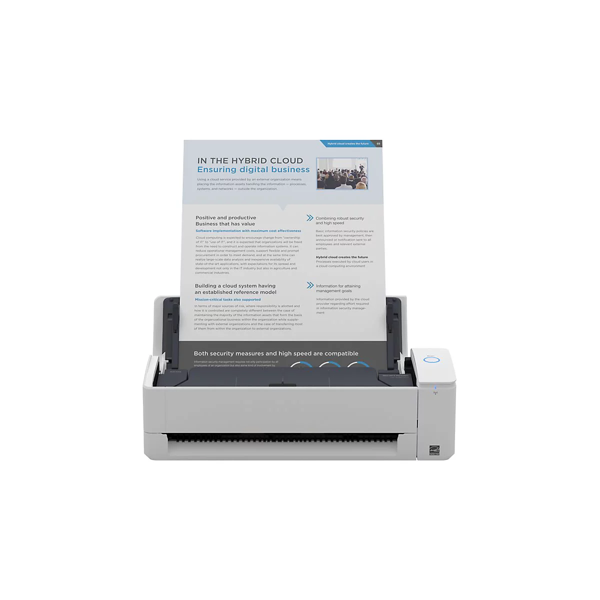 Ein Drucker druckt ein Dokument mit Text. Auf dem Dokument steht „In der Hybrid Cloud: Gewährleistung digitaler Geschäftsprozesse“.
