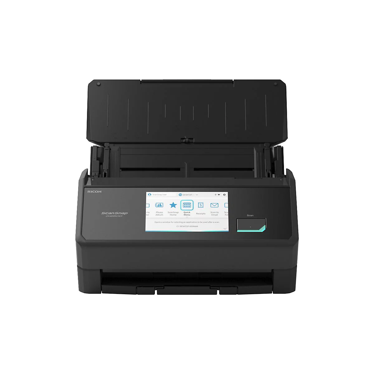 Un scanner ScanSnap noir avec le couvercle ouvert. L'écran affiche des options comme "Album photo", "Scanner les reçus" et "Scanner".