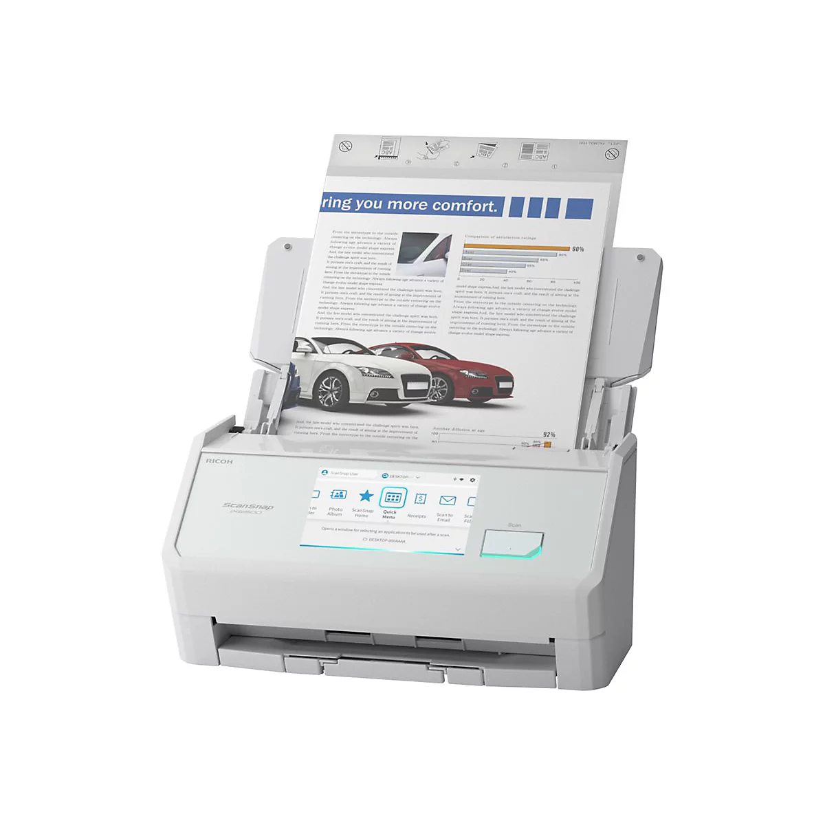 Scanner blanc avec du papier inséré. Le papier montre des diagrammes et des voitures.