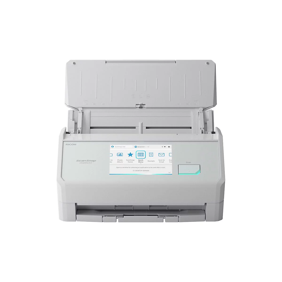Un scanner blanc avec le couvercle ouvert. Les fonctions sont affichées sur un écran. L'appareil est photographié d'en haut.