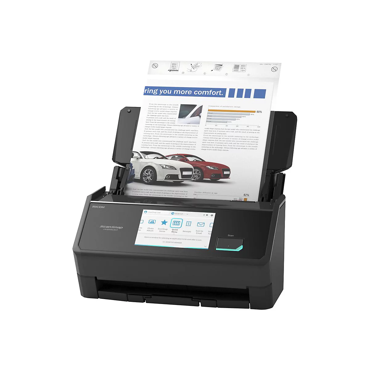 Ein schwarzer Scanner mit geöffnetem Deckel. Auf dem Scanbett liegen Dokumente. Auf dem Display werden Menüoptionen angezeigt.