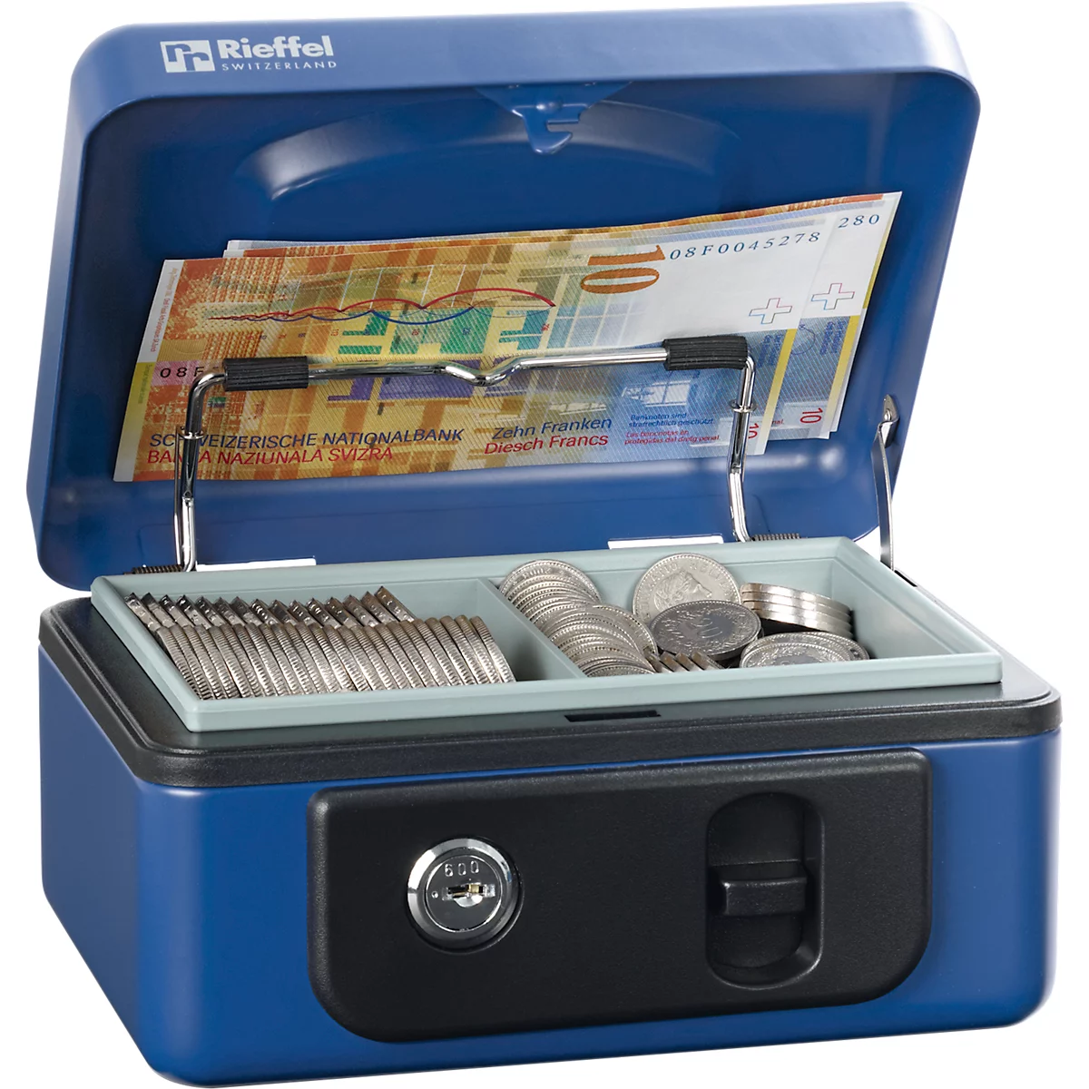 Rieffel Caissette à monnaie Deluxe 1, couvercle à ressort, insertion de la monnaie, serrure à cylindre, L 165 x P 125 x H 86 mm, bleu
