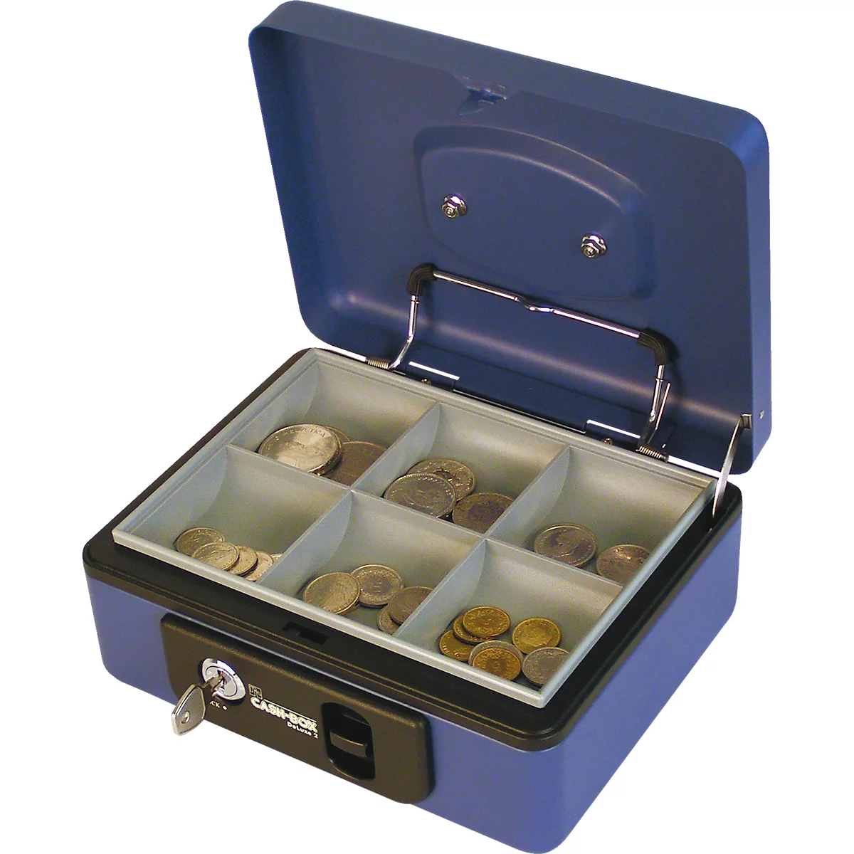 Rieffel Caissette à monnaie Deluxe 2, couvercle à ressort, insertion de la monnaie, serrure à cylindre, L 197 x P 154 x H 86 mm, bleu