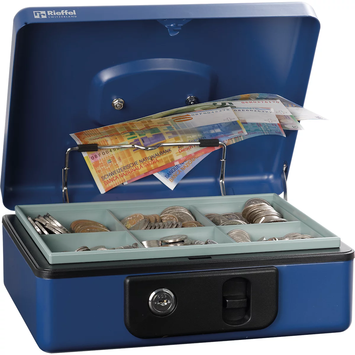 Rieffel Caissette à monnaie Deluxe 3, couvercle à ressort, insertion de la monnaie, serrure à cylindre, L 230 x P 185 x H 86 mm, bleu