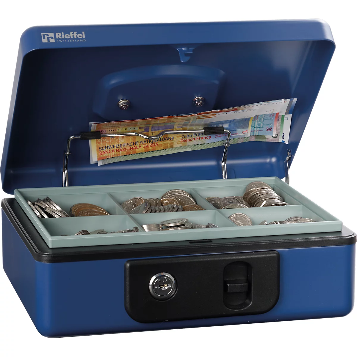 Rieffel Caissette à monnaie Deluxe 3, couvercle à ressort, insertion de la monnaie, serrure à cylindre, L 230 x P 185 x H 86 mm, bleu