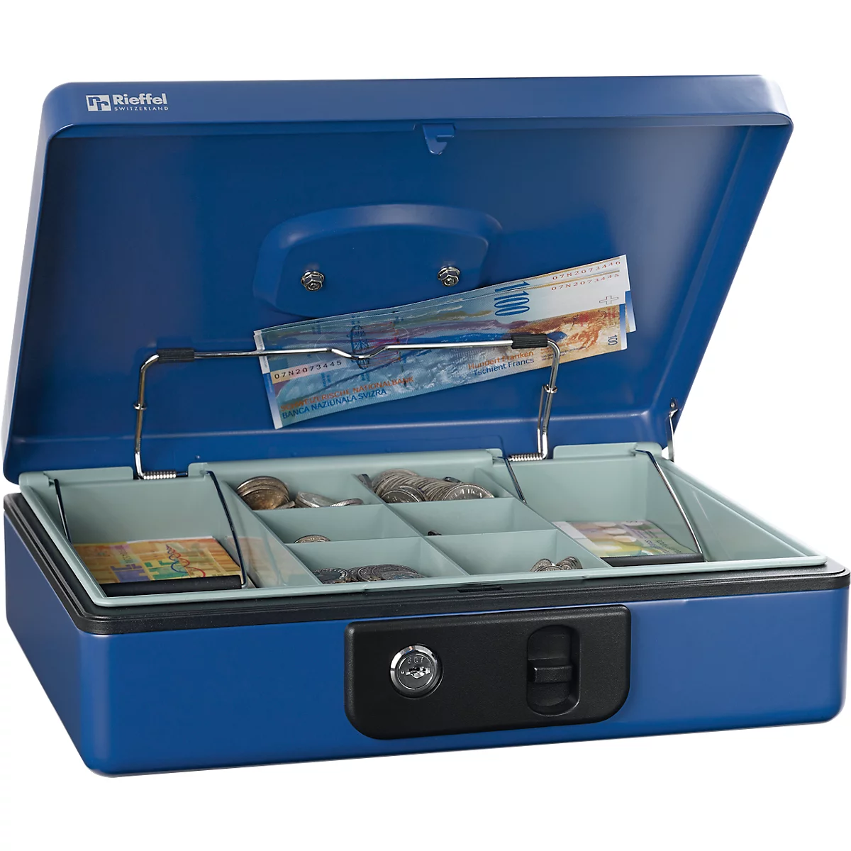 Rieffel Caissette à monnaie Deluxe 4, couvercle à ressort, insertion de la monnaie, serrure à cylindre, L 300 x P 230 x H 86 mm, bleu