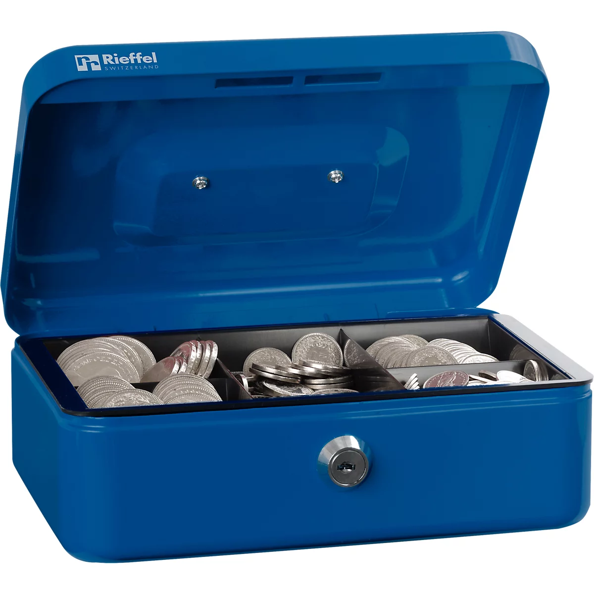 Rieffel Caissette à monnaie VT-GK 2, serrure à cylindre, tôle d'acier, L 207 x P 157 x H 77 mm, bleu