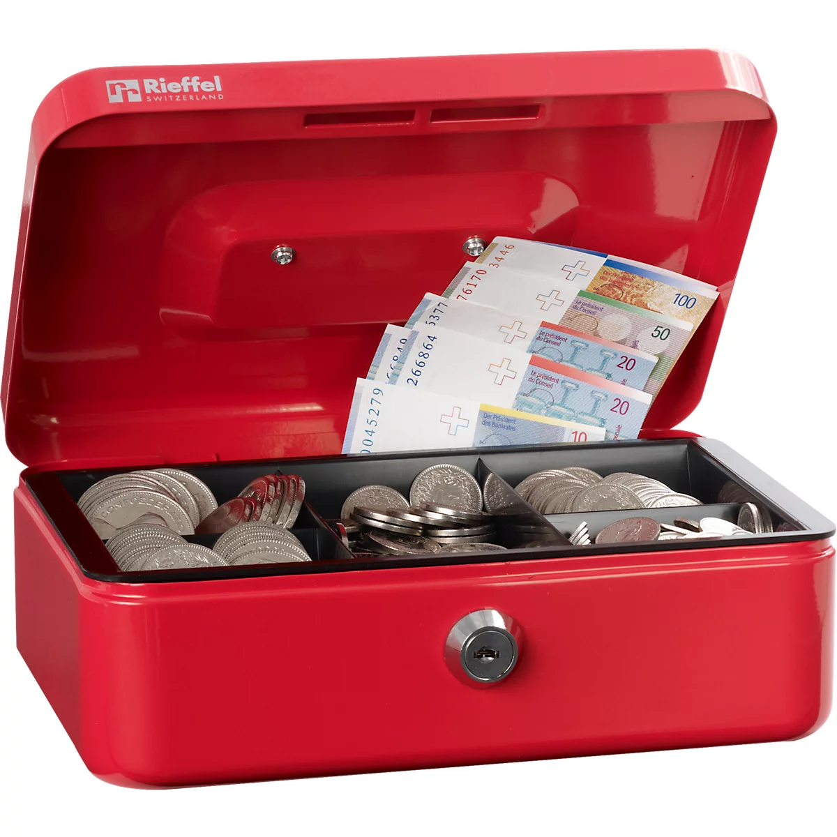 Rieffel Caissette à monnaie VT-GK 2, serrure à cylindre, tôle d'acier, L 207 x P 157 x H 77 mm, rouge