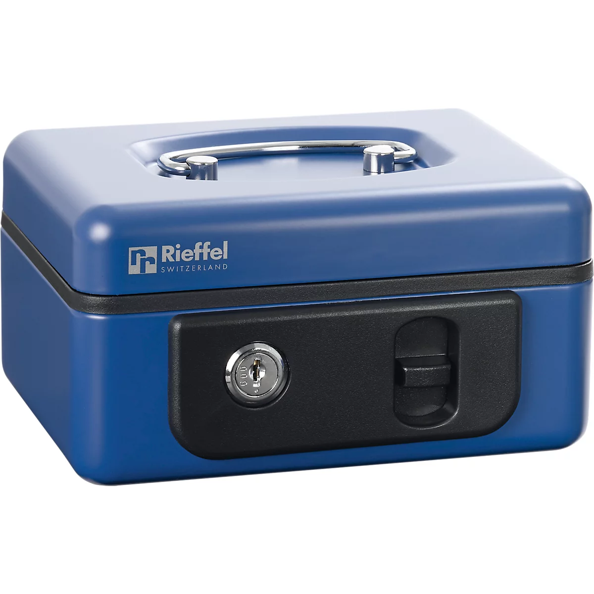 Rieffel Geldkassette Deluxe 1, Federdeckel, Münzeinsatz, Zylinderschloss, B 165 x T 125 x H 86 mm, blau
