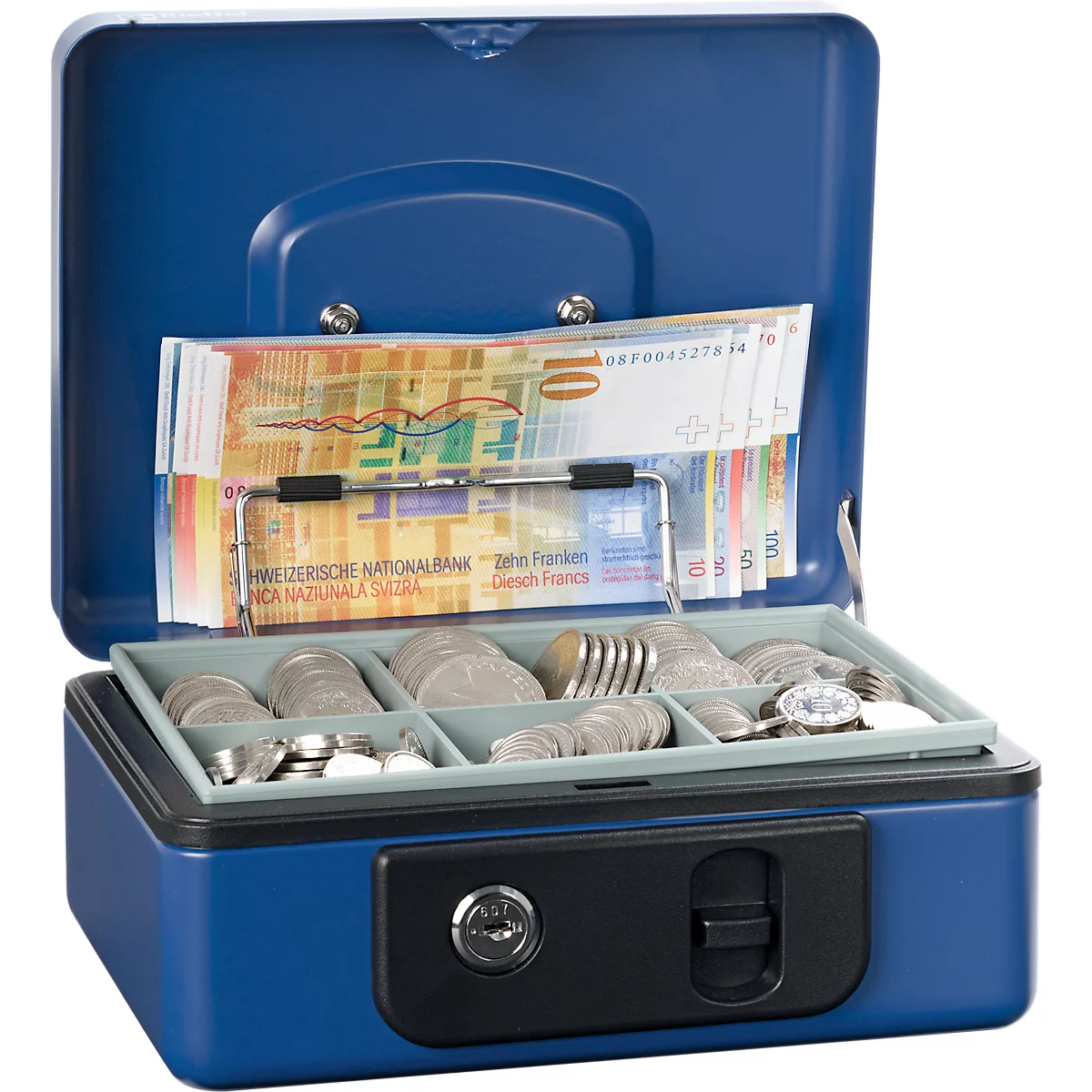 Rieffel Geldkassette Deluxe 2, Federdeckel, Münzeinsatz, Zylinderschloss, B 197 x T 154 x H 86 mm, blau