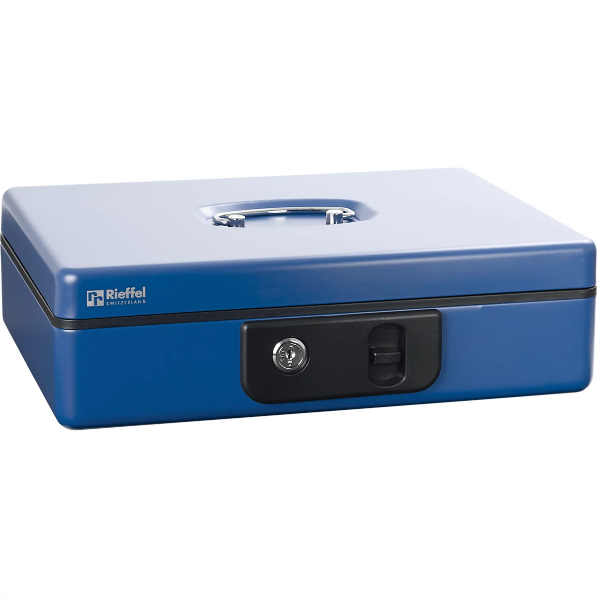 Rieffel Geldkassette Deluxe 4, Federdeckel, Münzeinsatz, Zylinderschloss, B 300 x T 230 x H 86 mm, blau