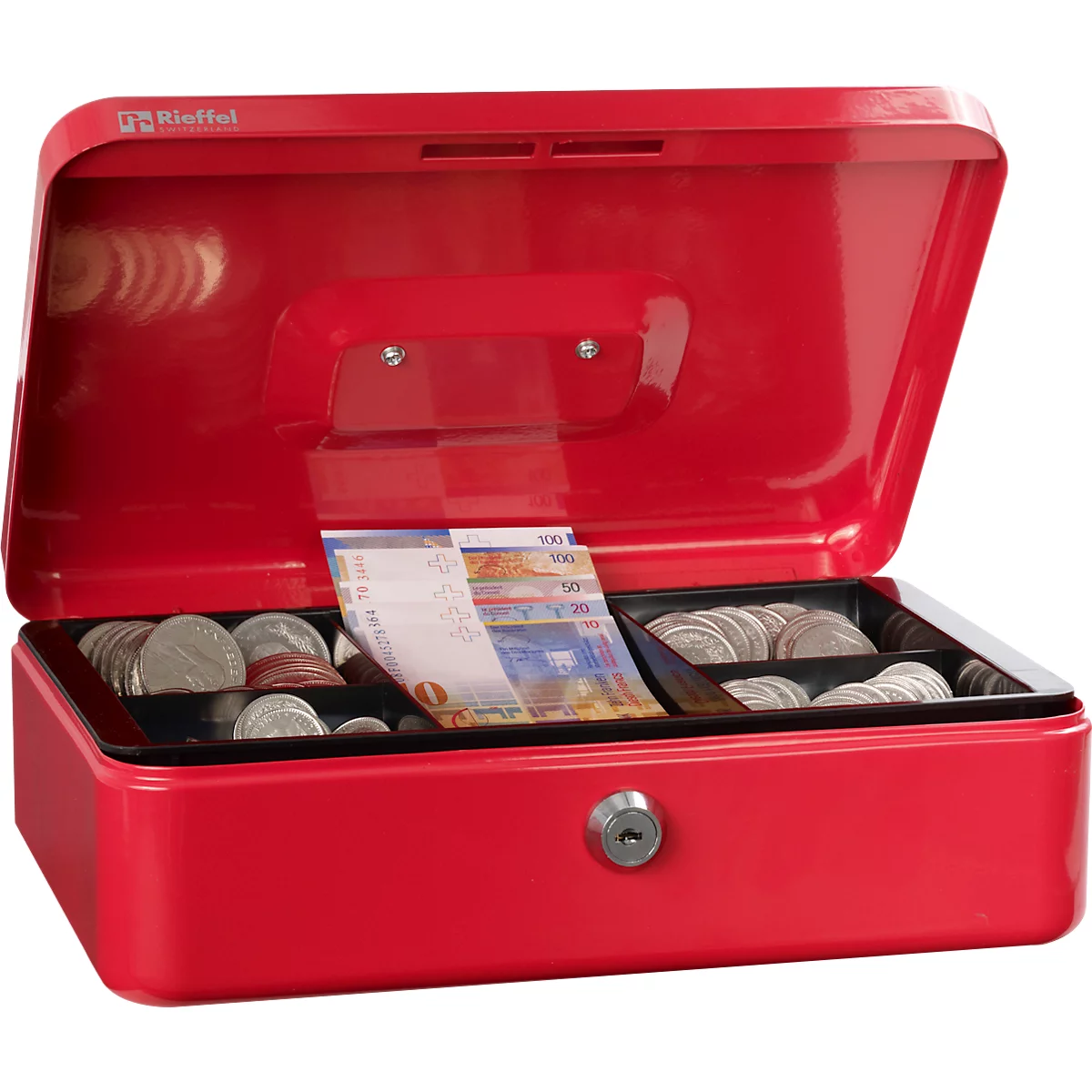 Rieffel Geldkassette VT-GK 3, Zylinderschloss, Stahlblech, B 262 x T 192 x H 82 mm, rot