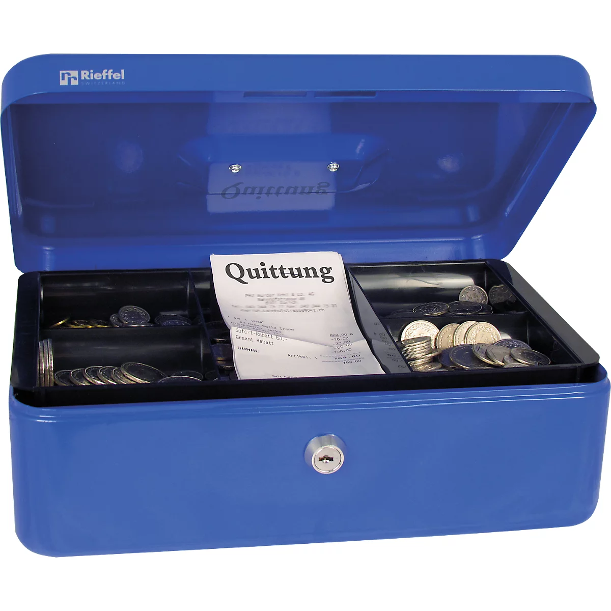 Rieffel Geldkassette VT-GK 4, Zylinderschloss, Stahlblech, B 300 x T 217 x H 100 mm, blau