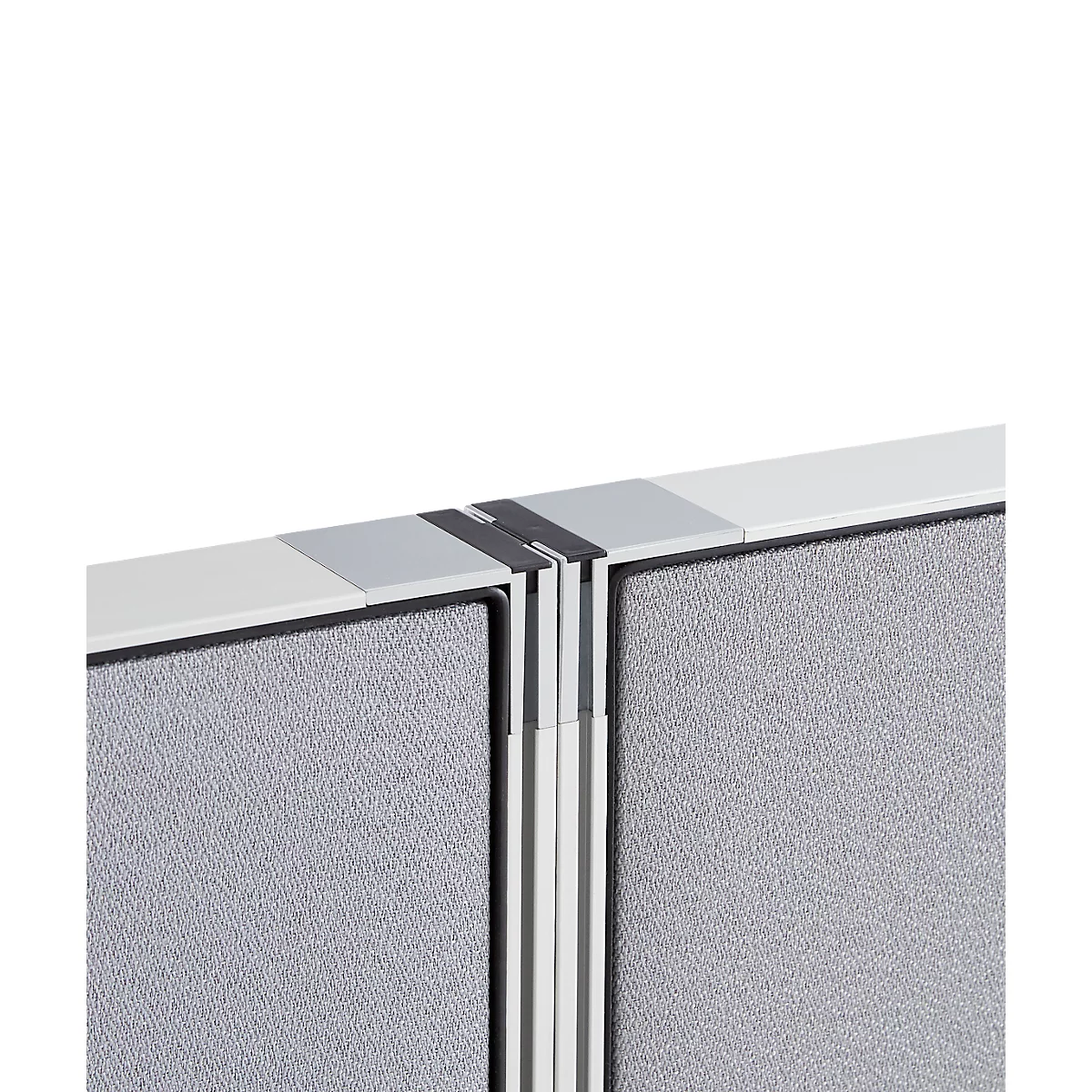 Grey fabric, two panels with silver frames and black connectors. Detail shot.