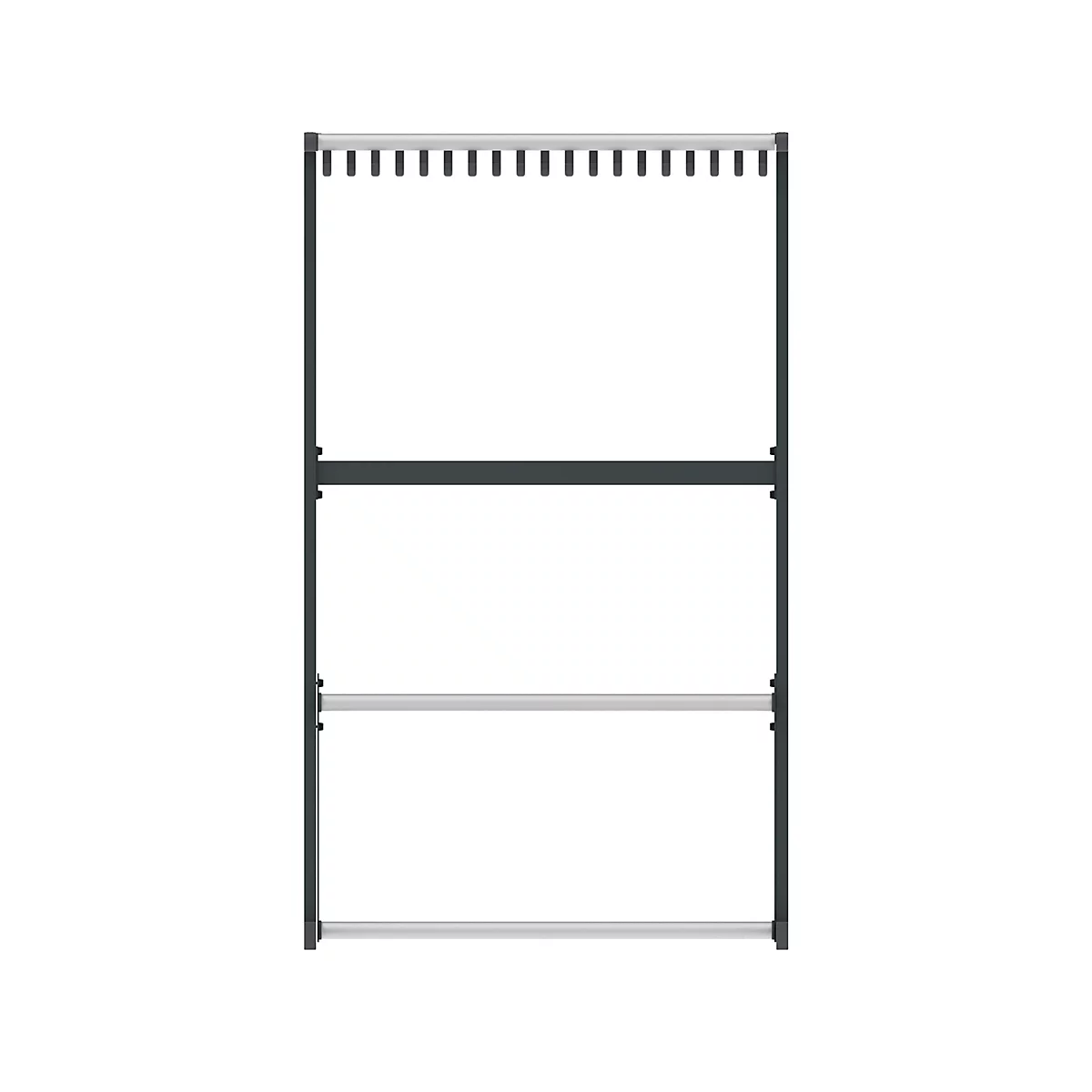 Grijze kapstok met grijze stangen voor kleding. Twee planken en een kledingrek aan de bovenkant.