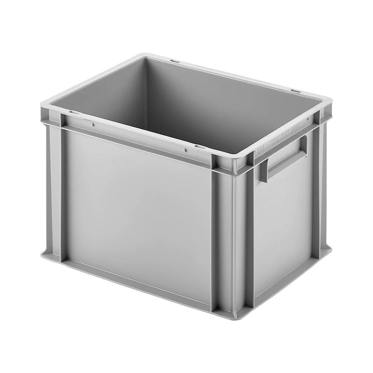 Bac en plastique gris avec poignées.