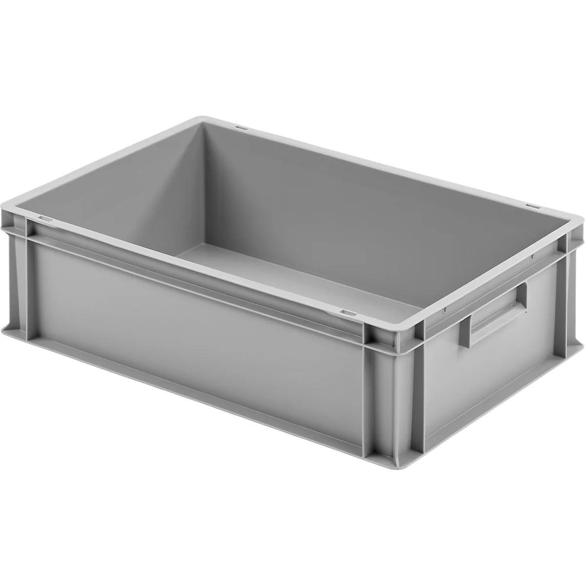 Boîte en plastique grise avec poignées et forme rectangulaire. La boîte est vide et se tient devant un fond blanc.