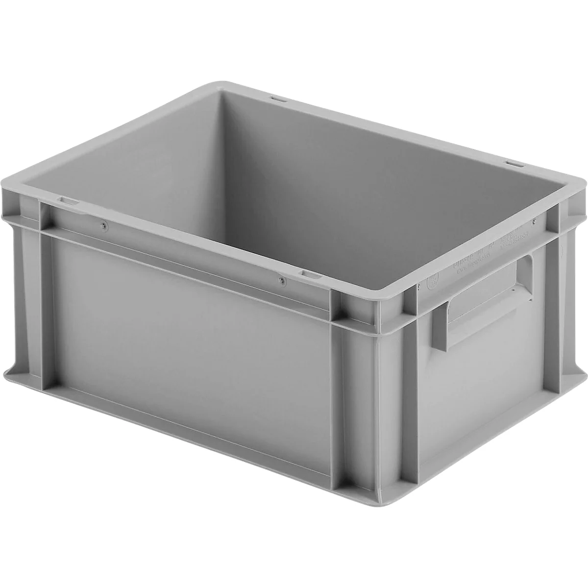 Grijze plastic box, open. Uitsparingen aan de zijkanten zijn handgrepen.