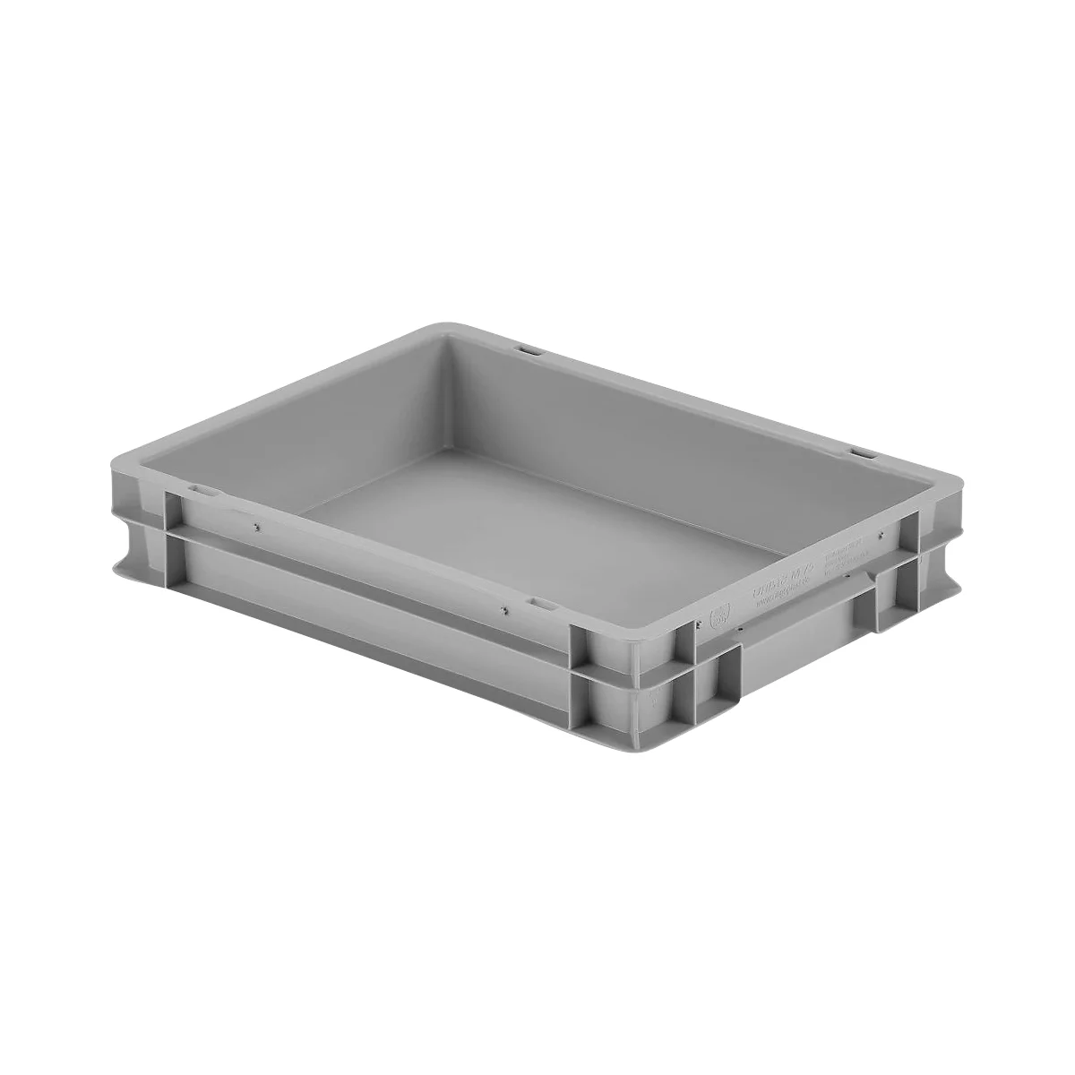 Grijze kunststof krat, rechthoekig, zonder deksel, schuin van bovenaf gefotografeerd.