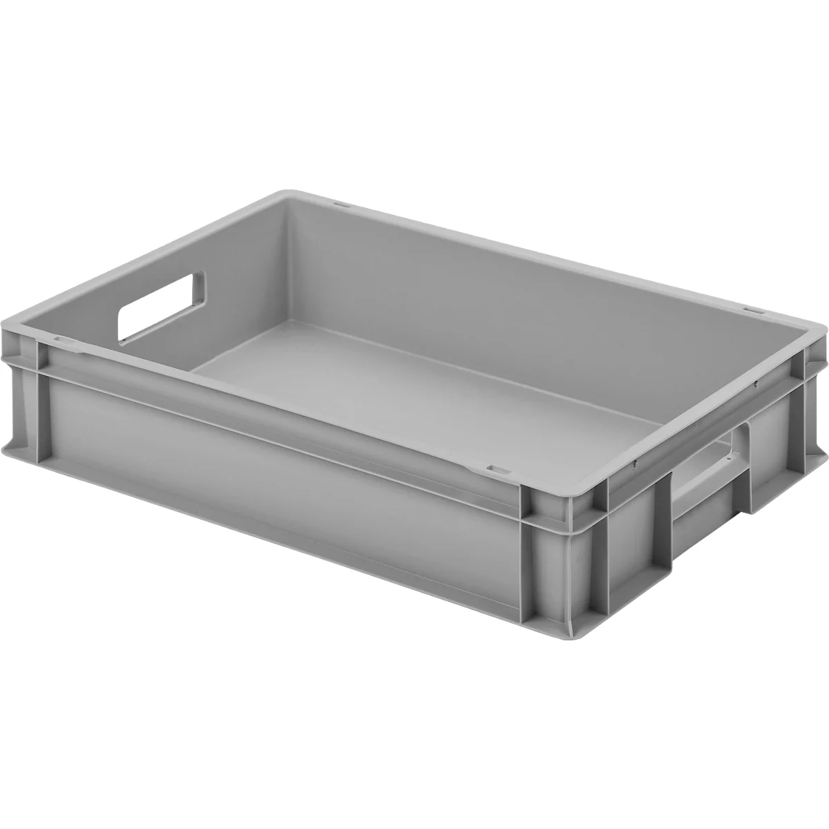 Grijze plastic doos met handvatten aan de zijkanten, leeg.