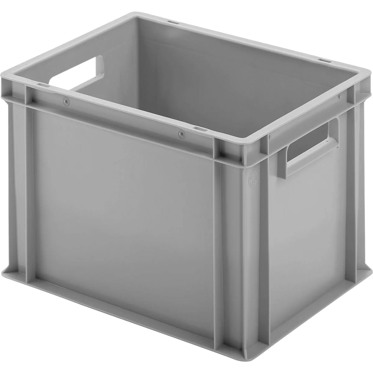 Lichtgrijze plastic doos met handgreepopeningen, leeg, tegen een neutrale achtergrond.