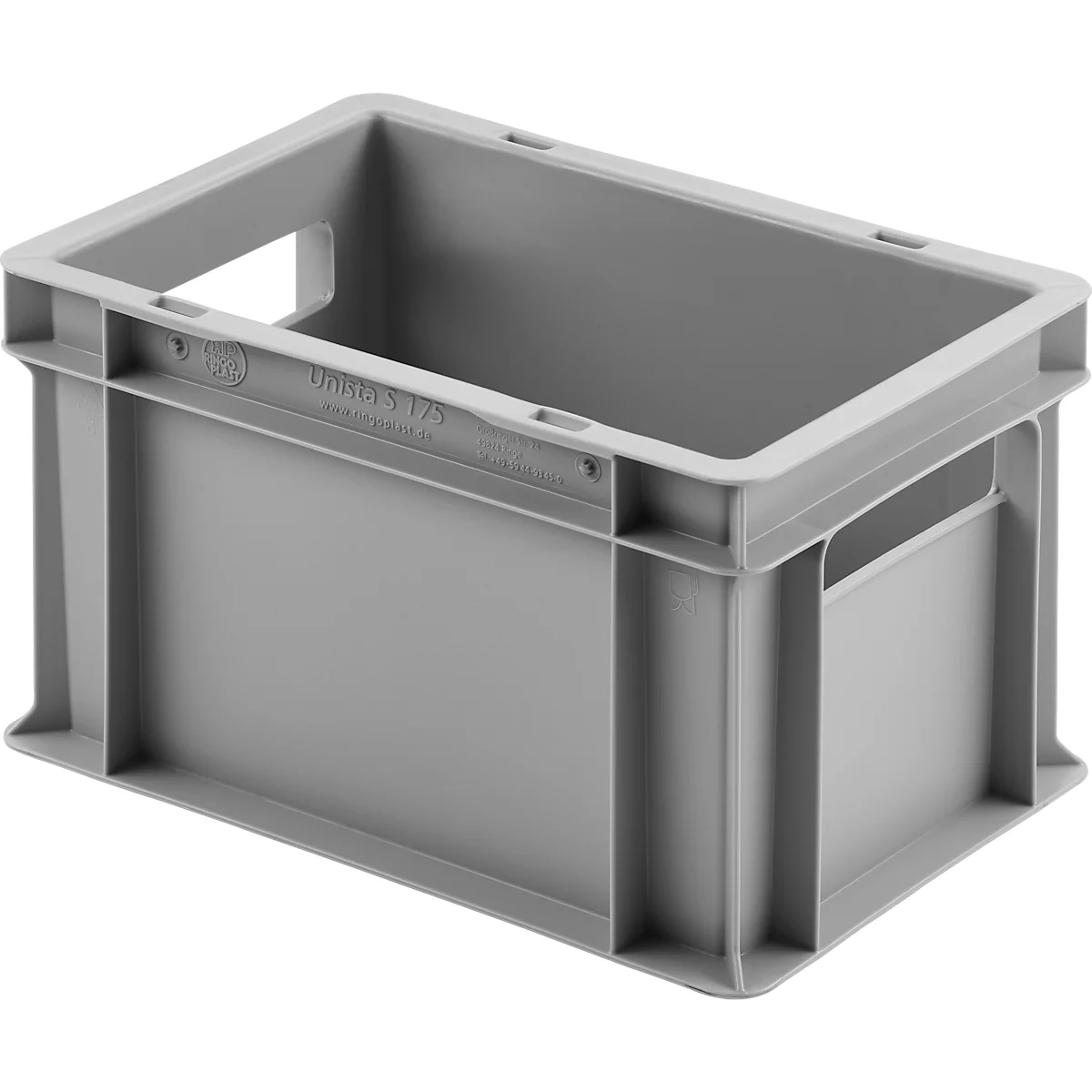 Grijze plastic box met handgreepopeningen. Opschrift: UNITEX 125.