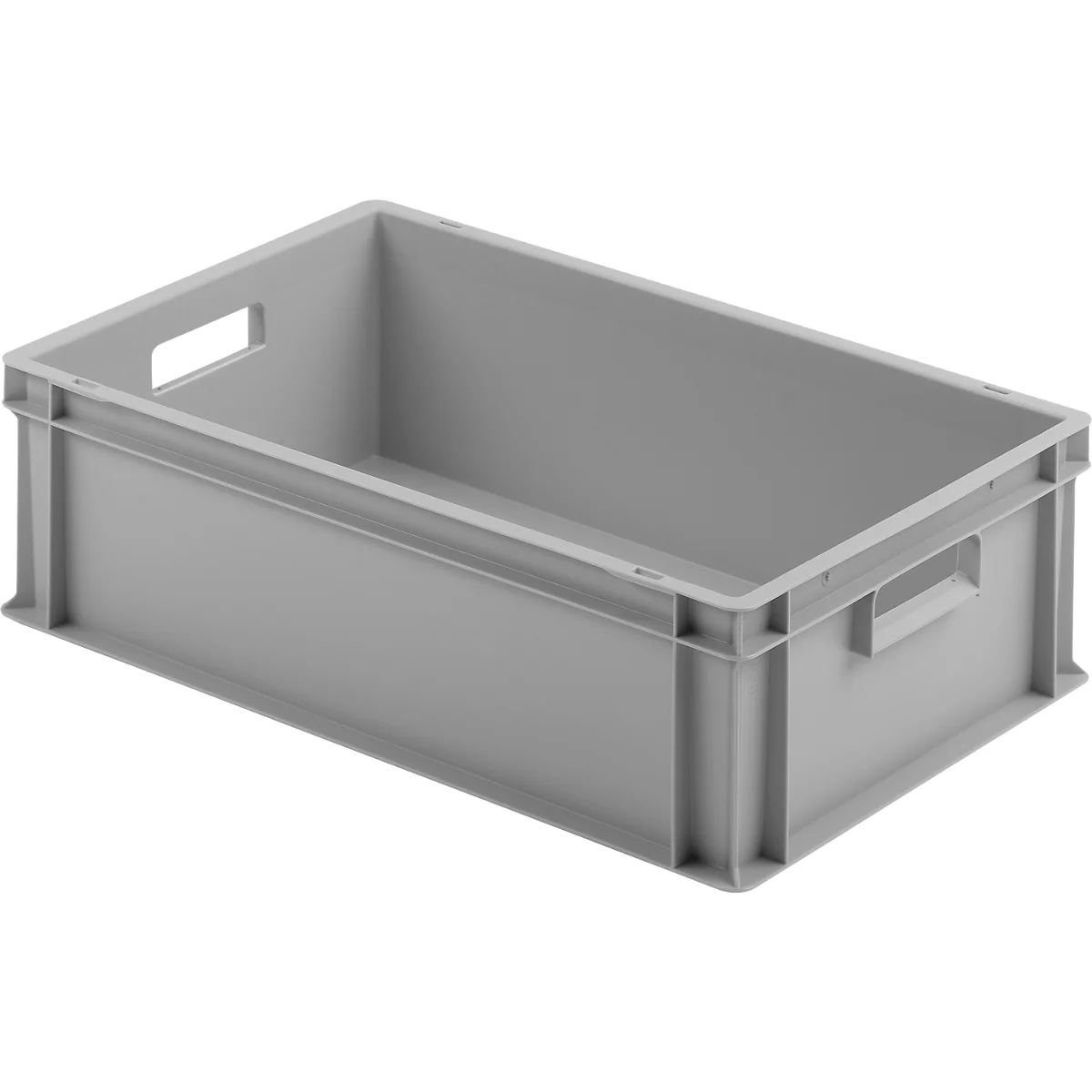 Graue Kunststoffbox mit Grifföffnungen, leicht schräg von oben fotografiert.