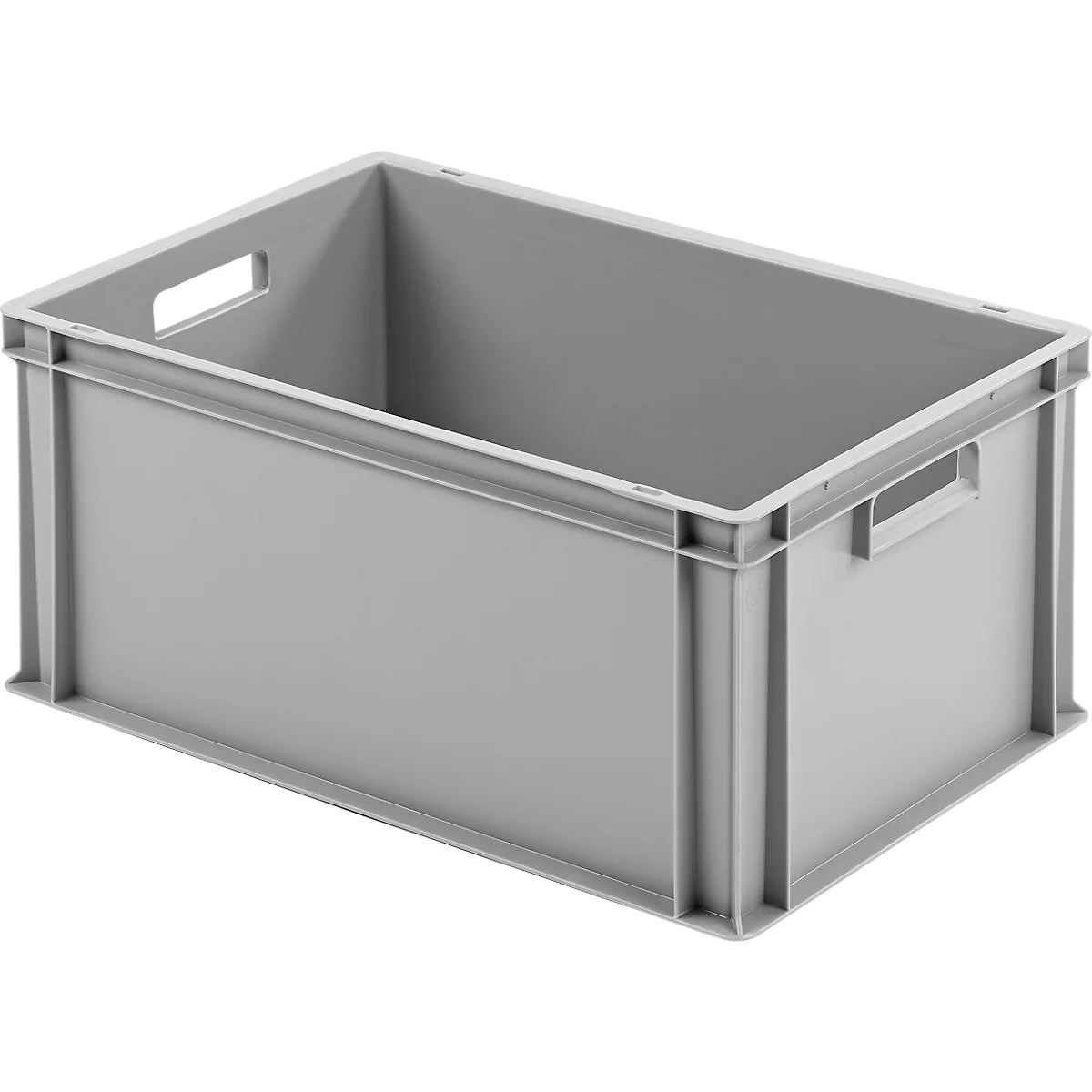 Graue Kunststoffbox mit Grifföffnungen, rechteckige Form.