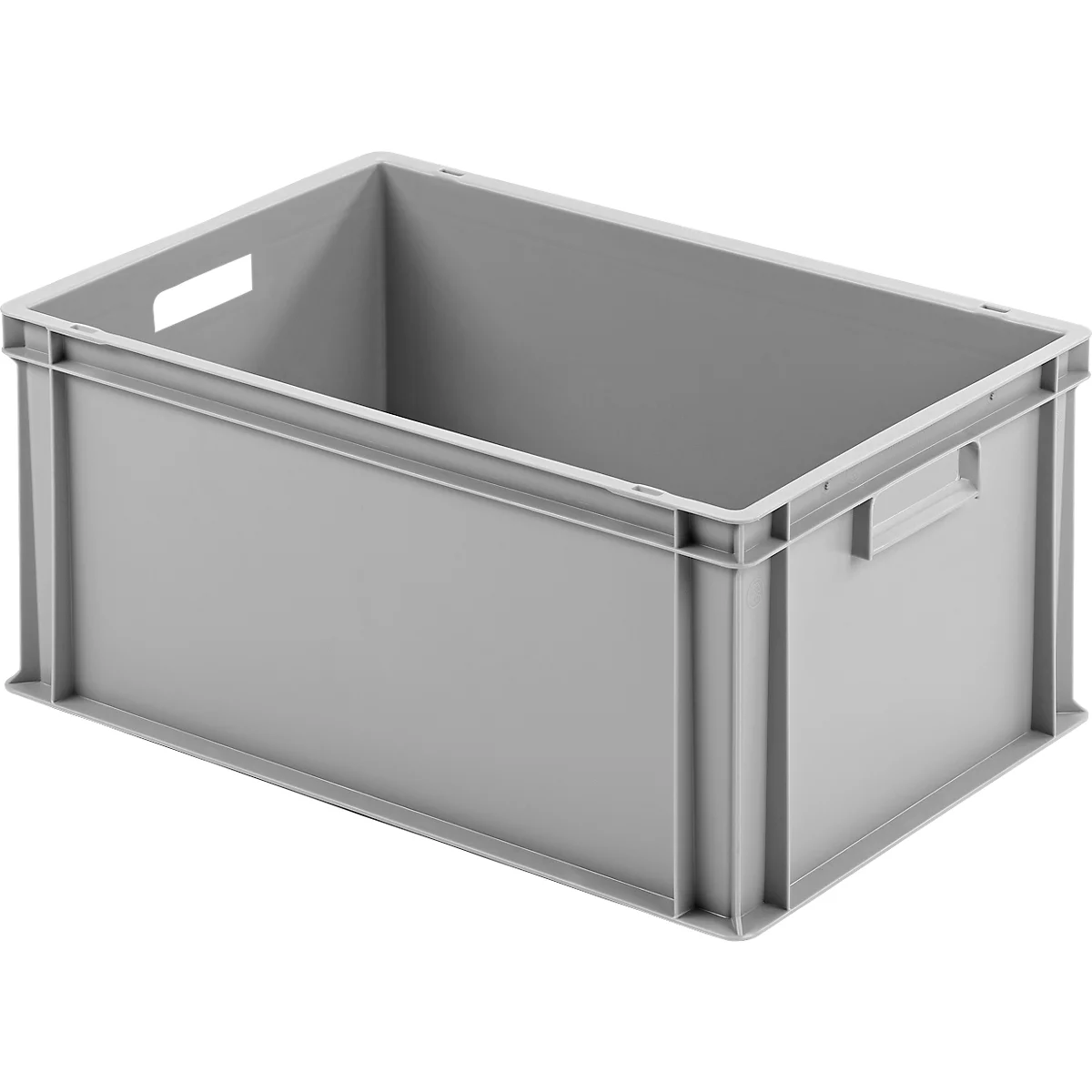 Graue Kunststoffbox mit Griffen, leer, vor weissem Hintergrund.