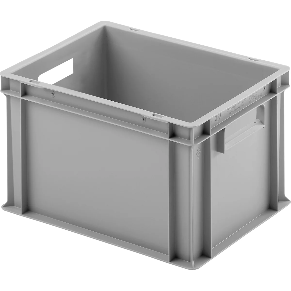 Graue Kunststoffbox mit rechteckiger Form und Grifföffnungen. Der Kasten steht schräg vor weissem Hintergrund.