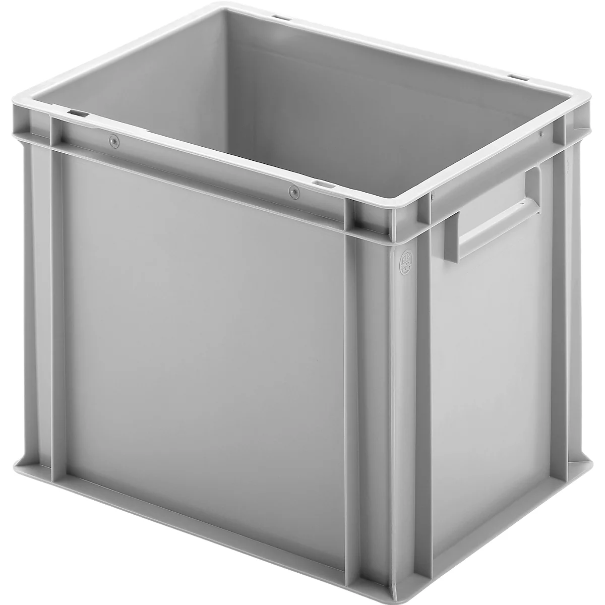 Hellgraue Kunststoffbox mit Griffen und offenem Deckel.