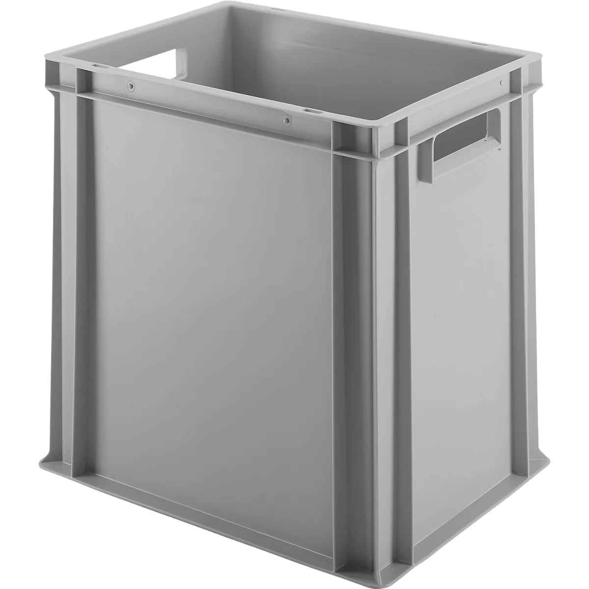 Graue Kunststoffbox mit Grifföffnungen. Sie steht vor neutralem Hintergrund.