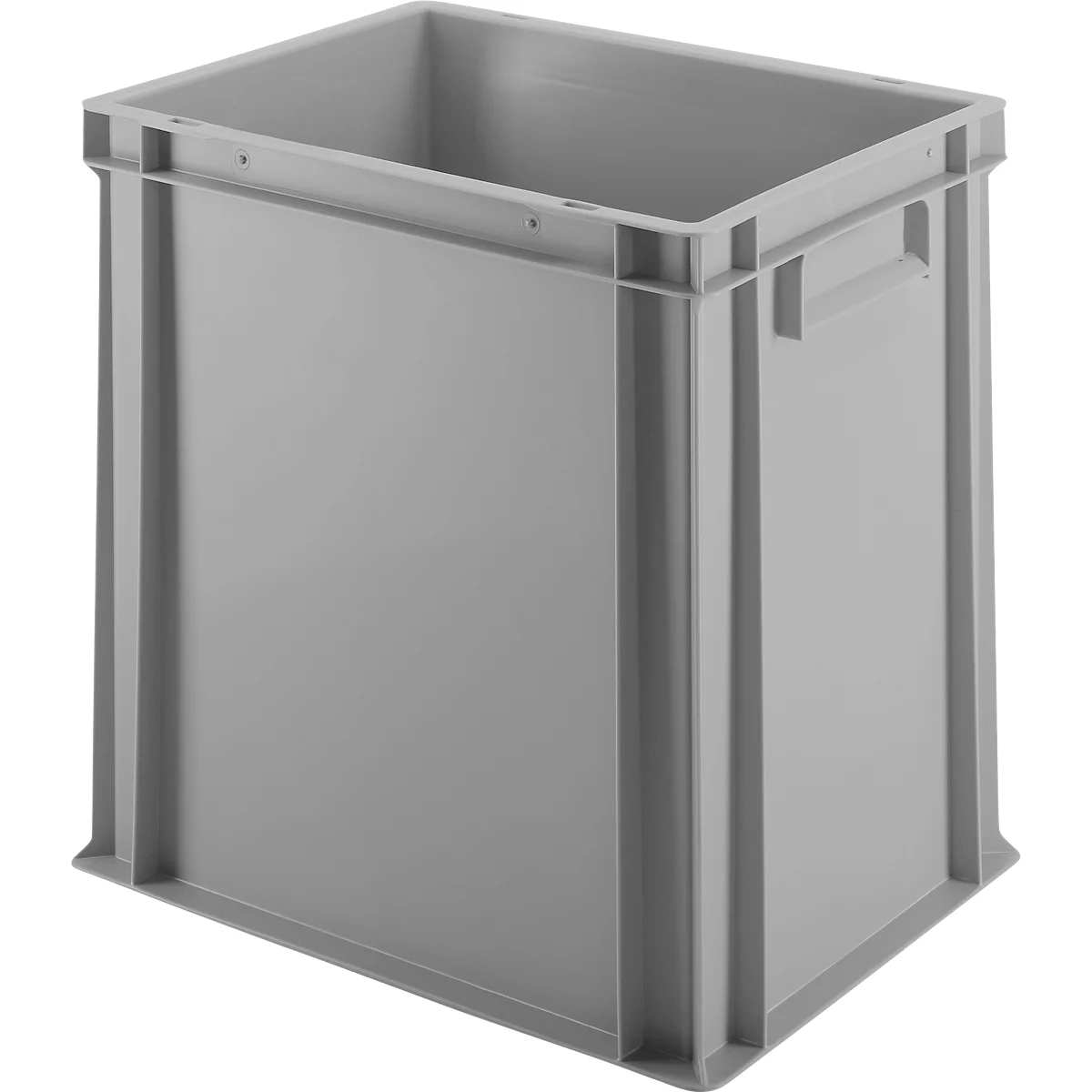 Graue Kunststoffbox mit Griffen und offenem Deckel, leicht von oben betrachtet.