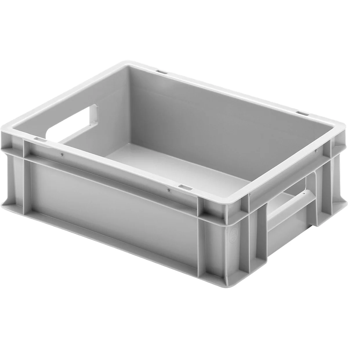 Gray plastic box, rectangular, with handle openings. Ribbed on the sides, empty.