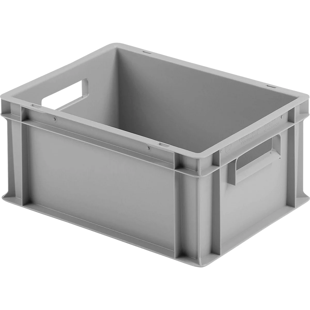 Gray plastic box with handle openings, rectangular. View into the interior of the box.