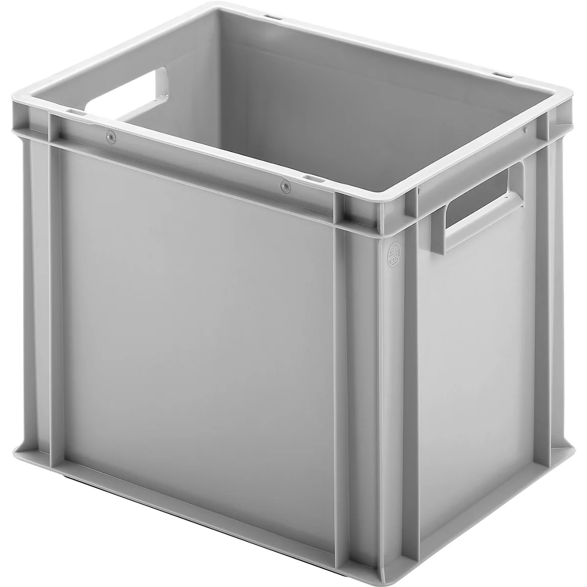 Gray plastic crate with handle openings. It has a rectangular shape and stands on a flat surface.